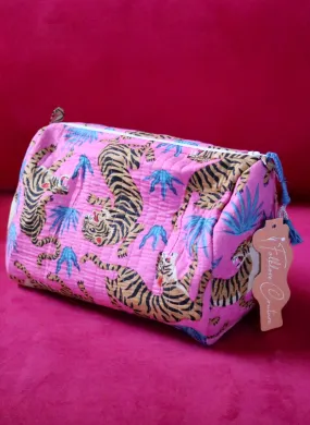 Quilted Cosmetic Bag | Pink & Blue Tigers