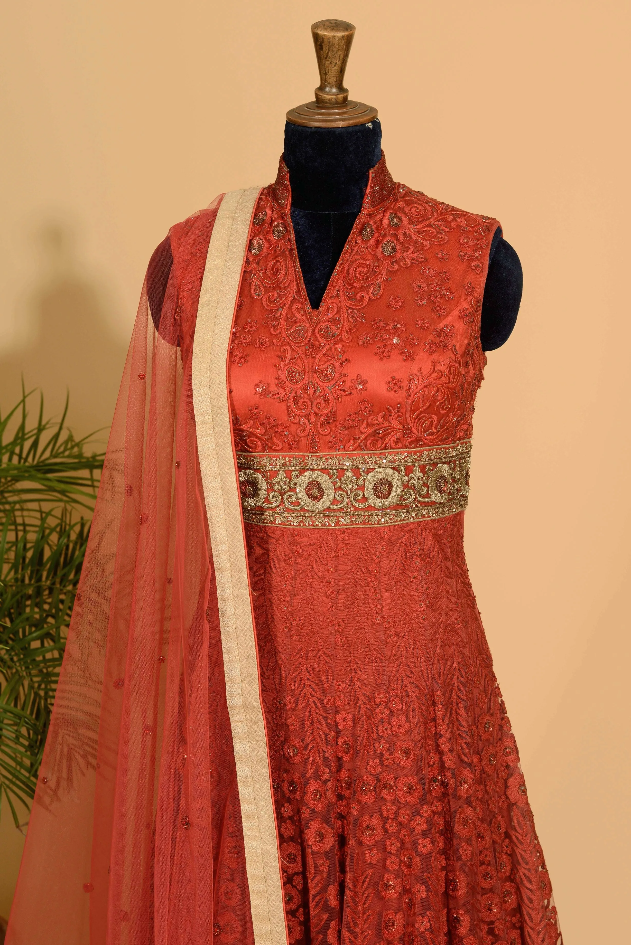 Red anarkali with dupatta set.