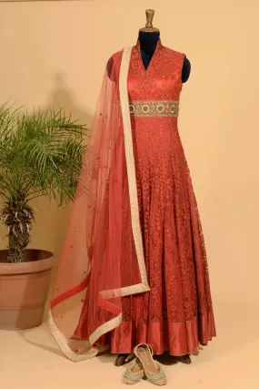 Red anarkali with dupatta set.