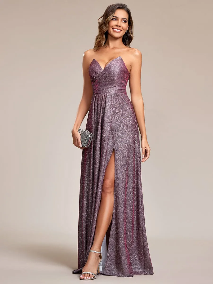 Shimmering Strapless A-Line Pleated Back-Laced High Slit Evening Dress