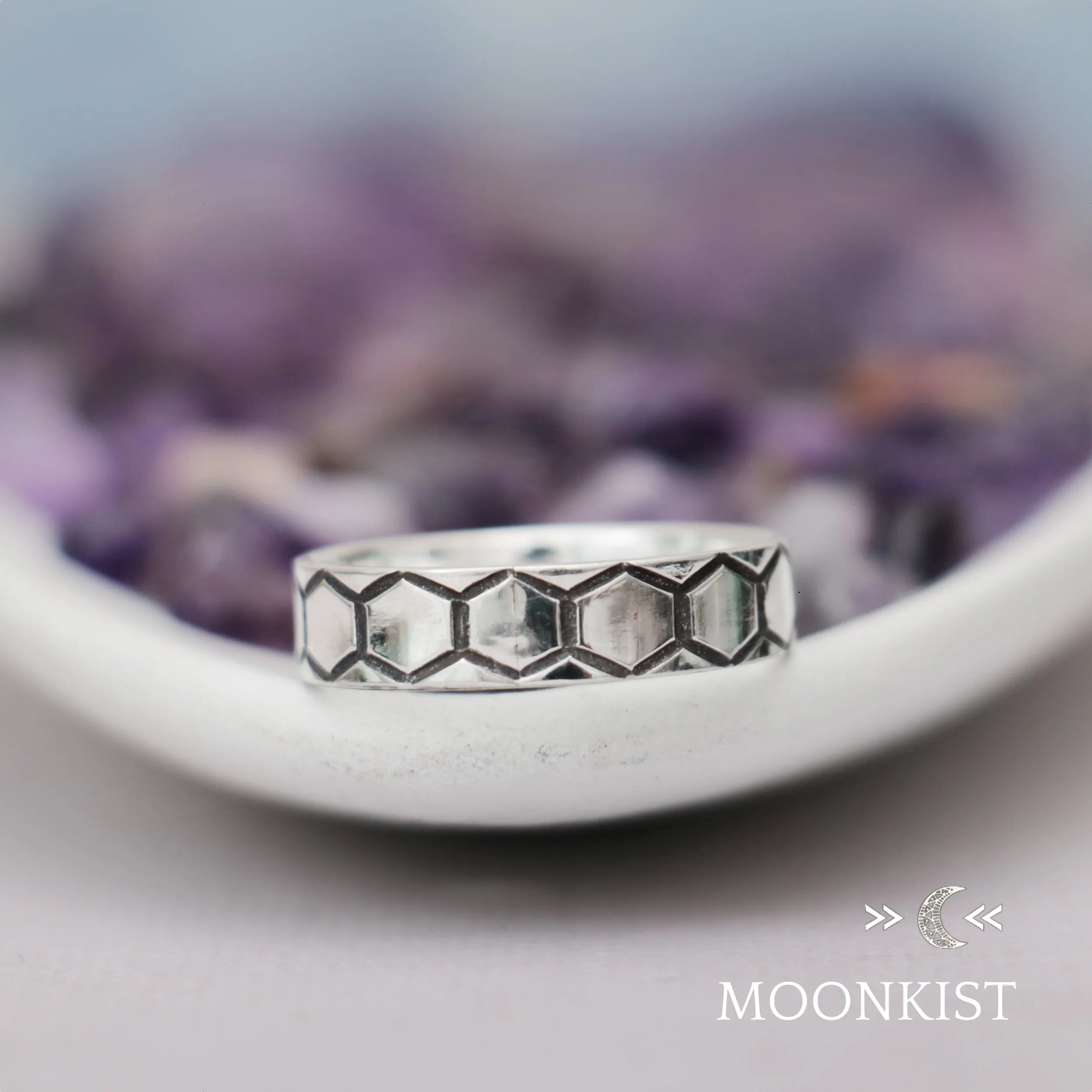 Sterling Silver Narrow Hexagon Wedding Ring  | Moonkist Designs