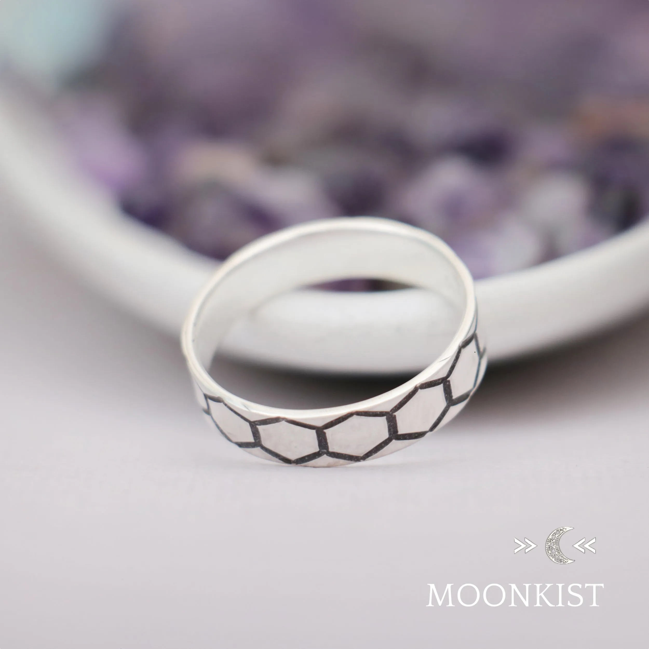 Sterling Silver Narrow Hexagon Wedding Ring  | Moonkist Designs