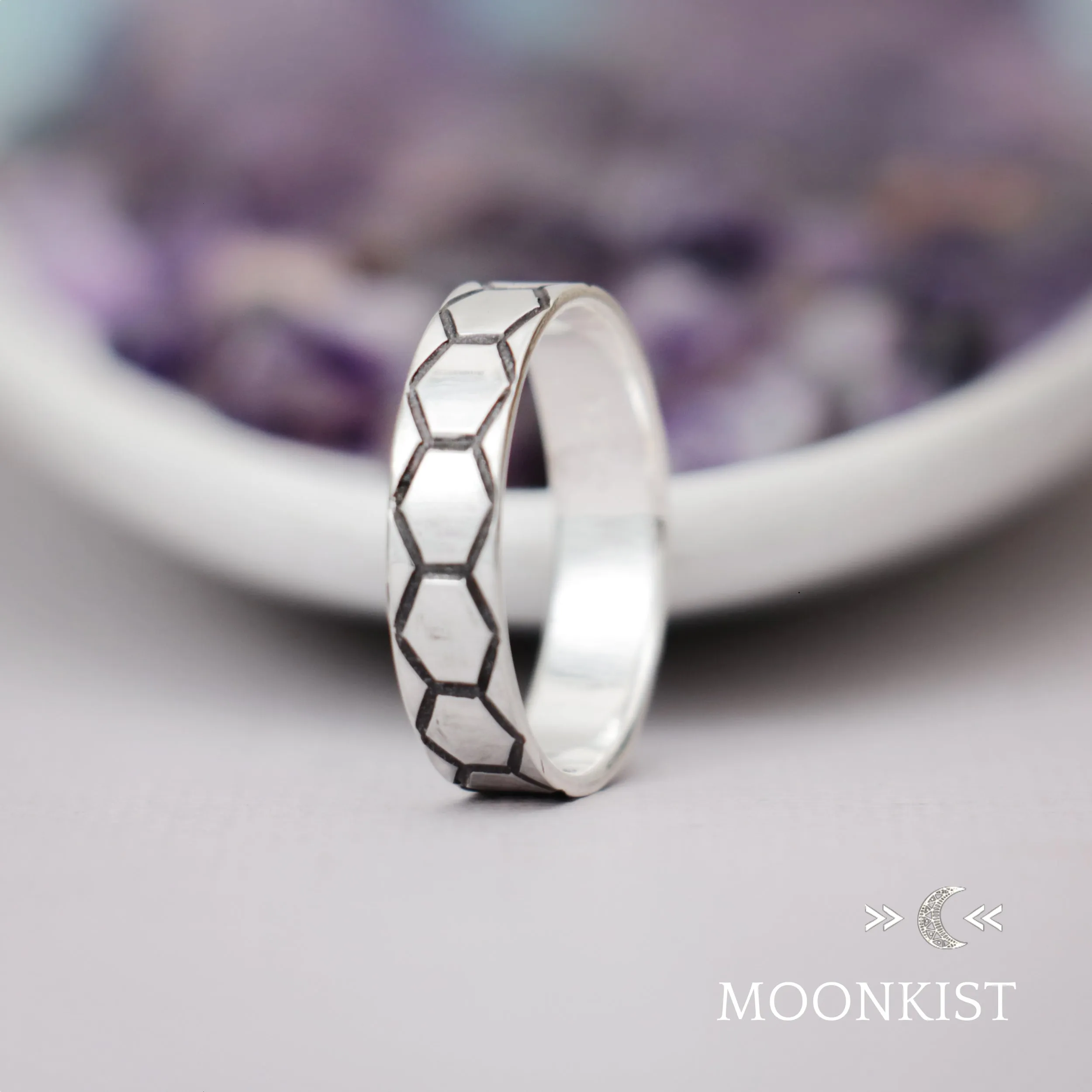 Sterling Silver Narrow Hexagon Wedding Ring  | Moonkist Designs