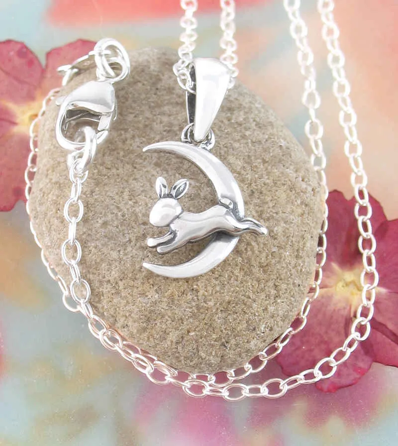 Tiny Hare Leaping Through Crescent Moon Pendant