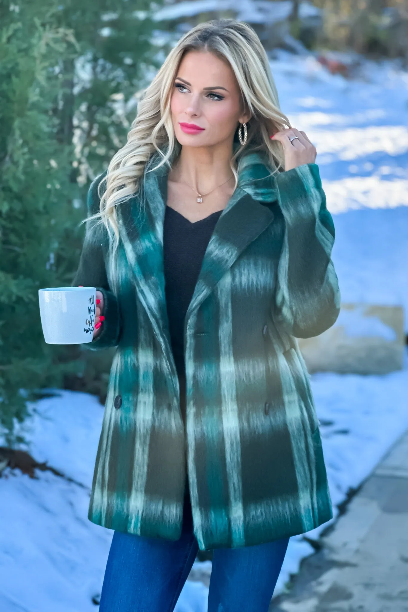 Tribal Sophie Double Breast Plaid Fuzzy Coat : Green