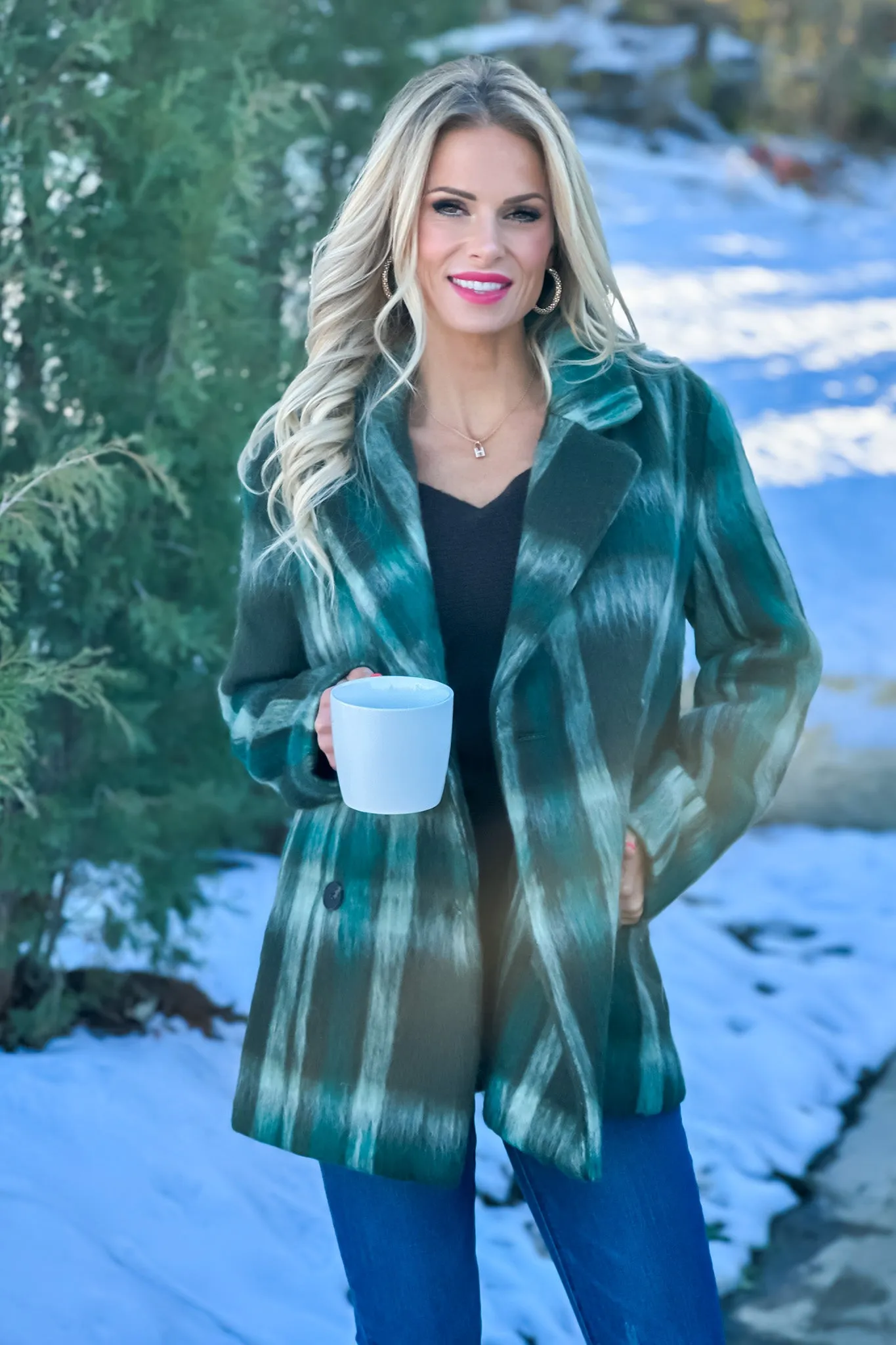 Tribal Sophie Double Breast Plaid Fuzzy Coat : Green