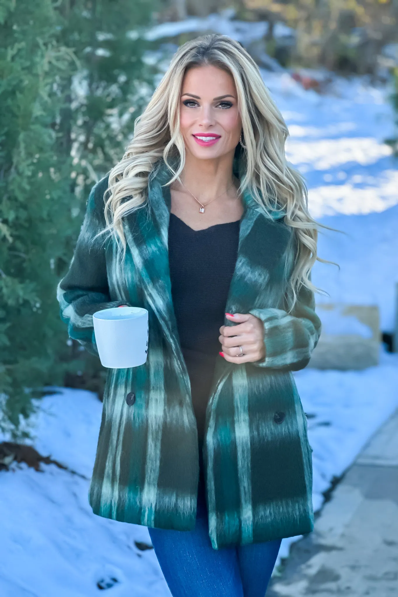 Tribal Sophie Double Breast Plaid Fuzzy Coat : Green