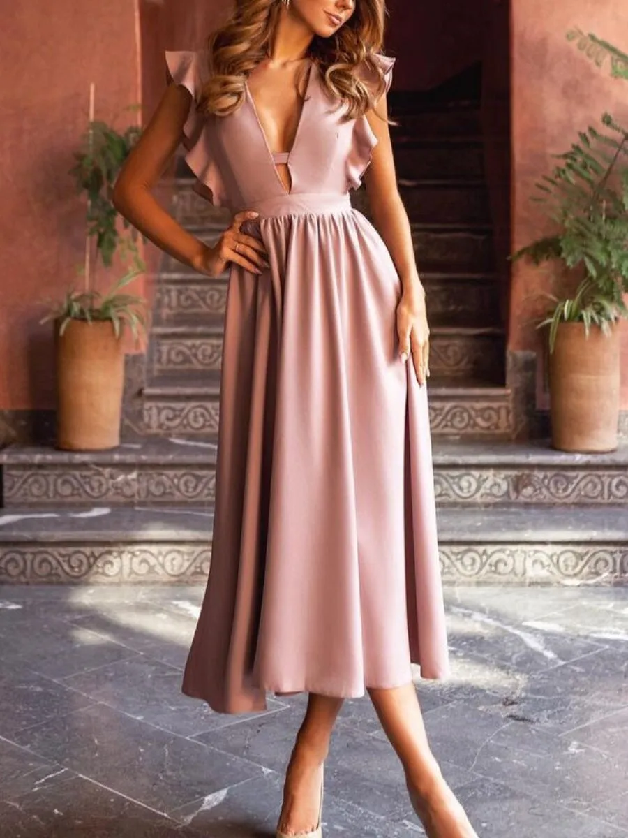 V-neck Ruffle Sleeve Waist Dress