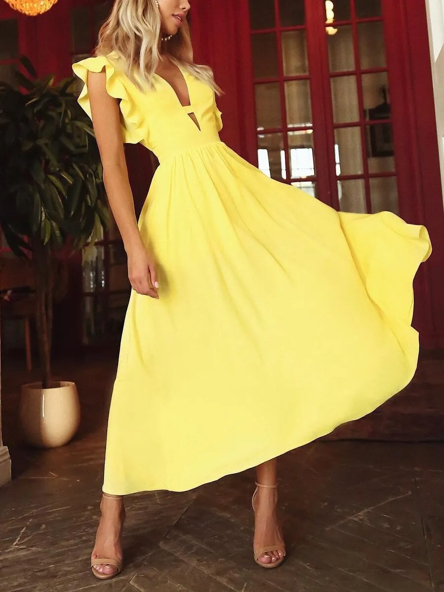 V-neck Ruffle Sleeve Waist Dress