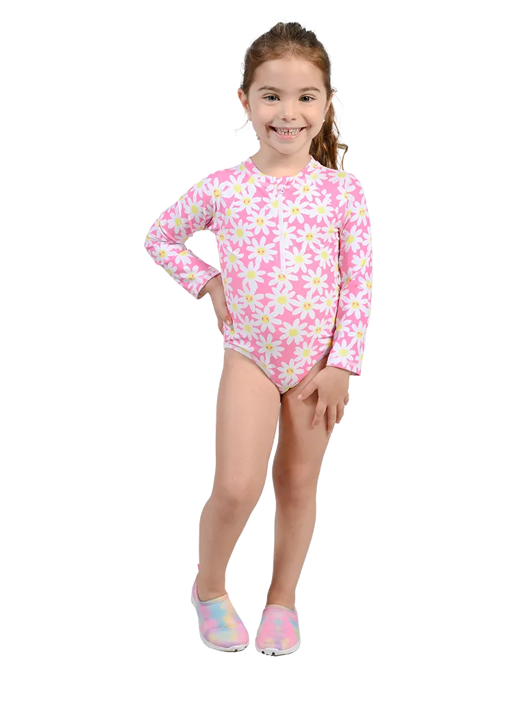 Zip front long sleeve bathing suit unitard for baby girls and toddlers